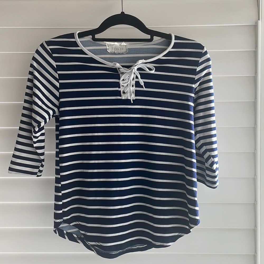 Btween Navy and White Nautical Striped Top, Girls Size 12